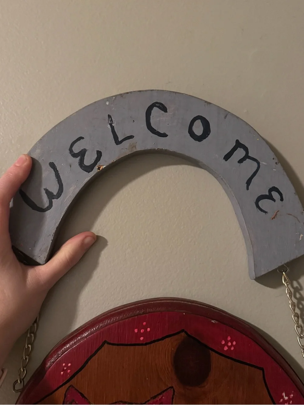 VTG Handmade Folk Art Cat “Welcome” Sign Wood Wall Hanging Decor